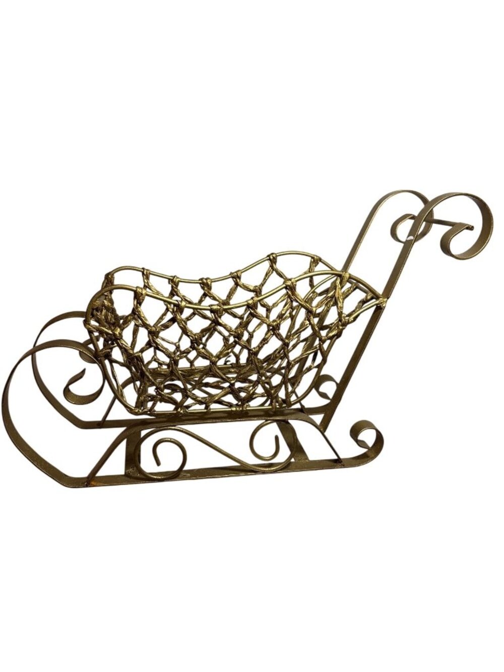 Gold Metal Wire Sleigh Santa Christmas With Scroll Design Woven Basket 16 x 10"